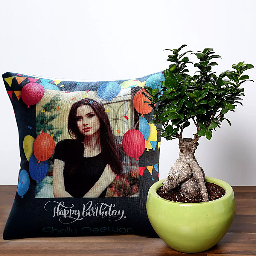 Bonsai Plant With Personalised Birthday Balloon Cushion