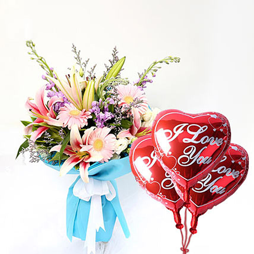 Lovely Gerberas And Lavender Flower With I Love You Balloon