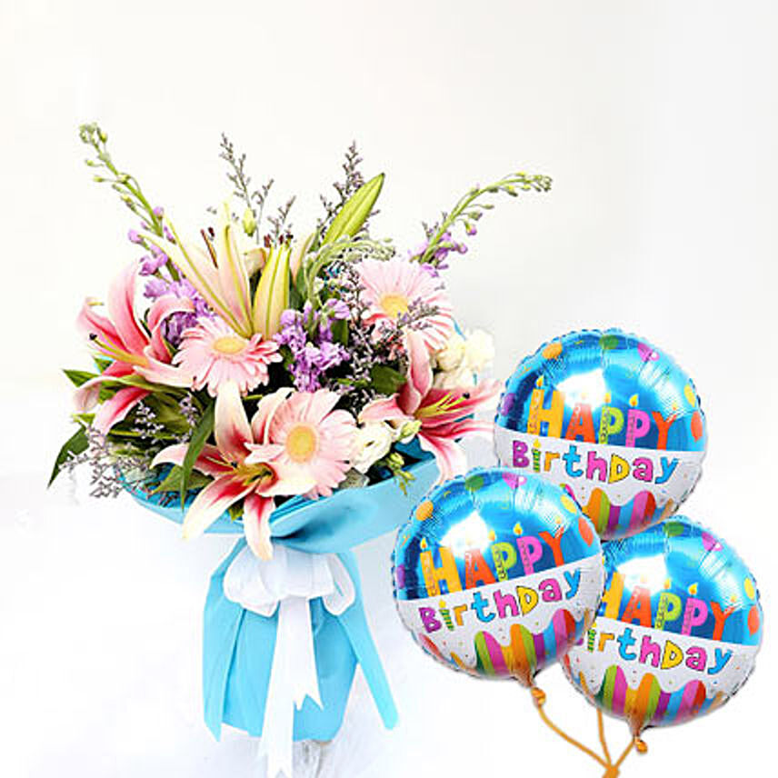 Lovely Gerberas And Lavender Flowers With Birthday Balloon