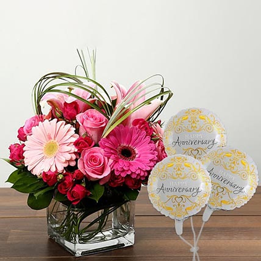 Sweet Bunch of Flowers In Glass Vase With Anniversary Balloon