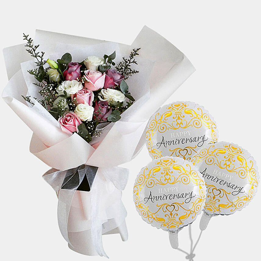 10 Sweet Desire Flower With Anniversary Balloon
