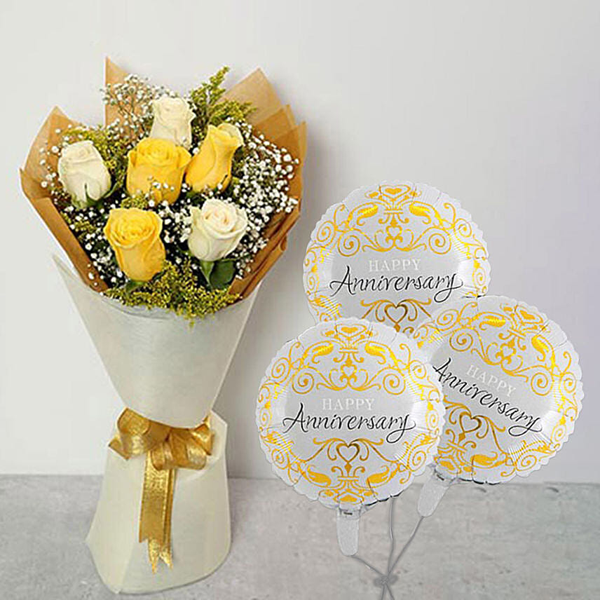 Bouquet of Yellow and White Roses with Anniversary Balloon