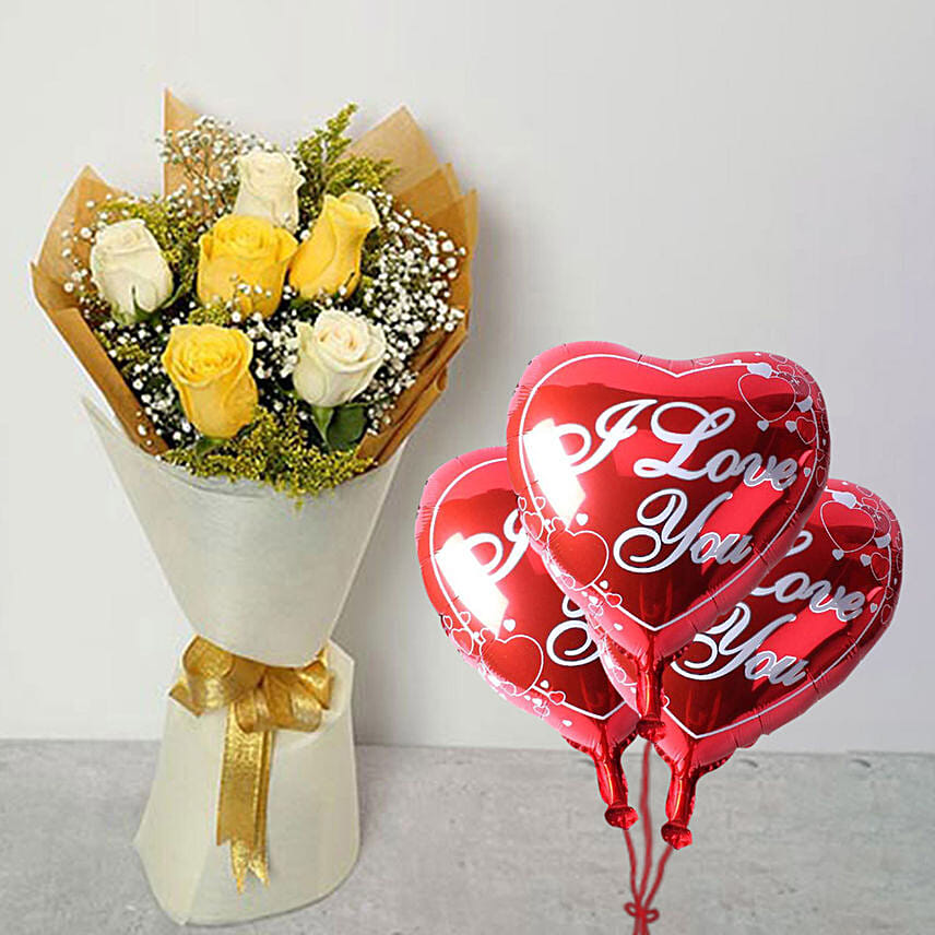 Bouquet of Yellow and White Roses with I Love You Balloon Delivery in ...