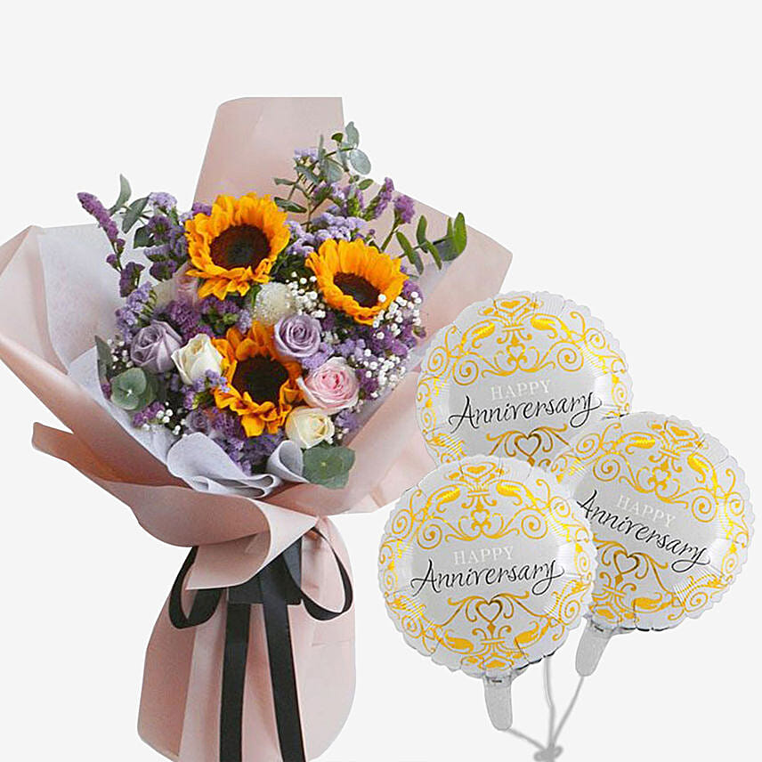 Bunch of Sunshine Flowers With Anniversary Balloon