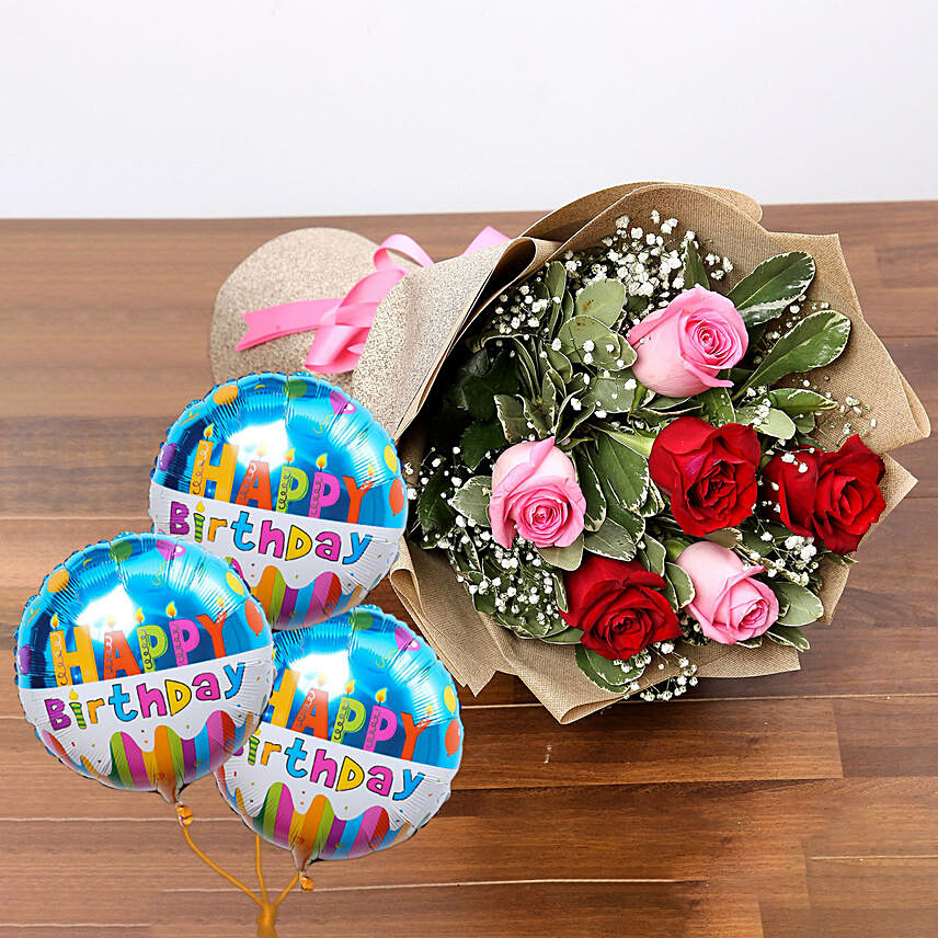 Sweet Roses Flower Bunch With Birthday Balloon