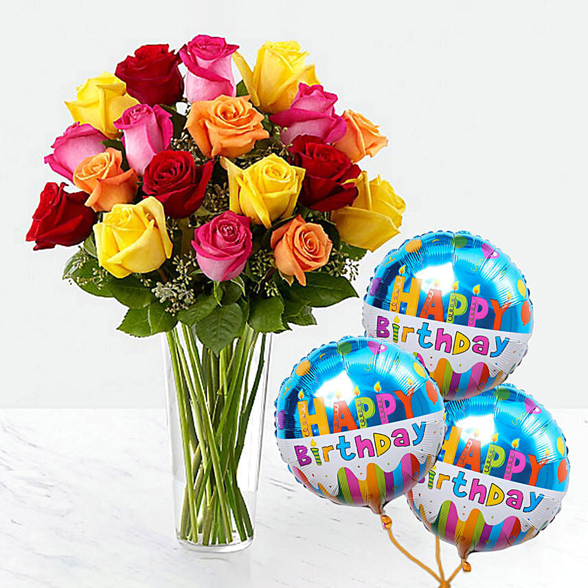 Vivid Roses Bunch With Birthday Balloon