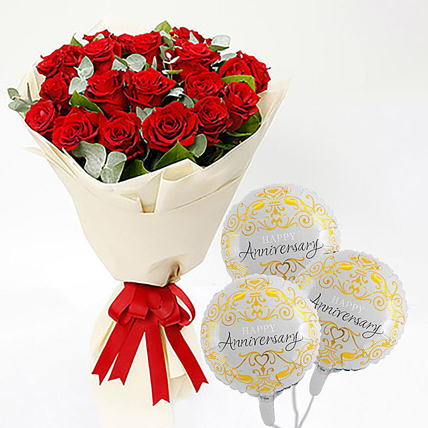 20 Red Roses Bouquet With Anniversary Balloon