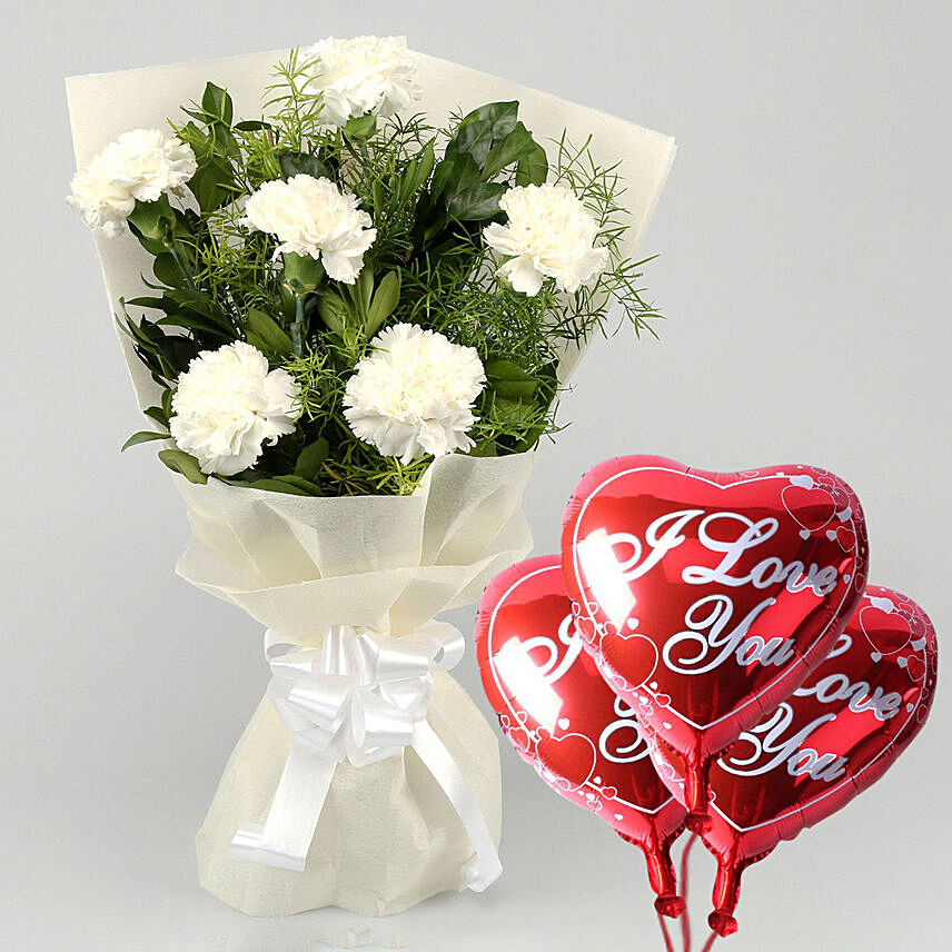 Graceful Carnations Bunch With I Love You Balloon