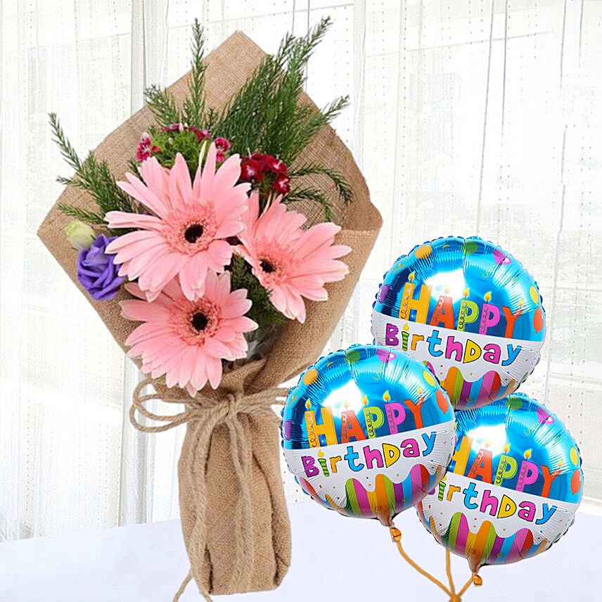 Pink Gerberas Bunch With Happy Birthday Balloon