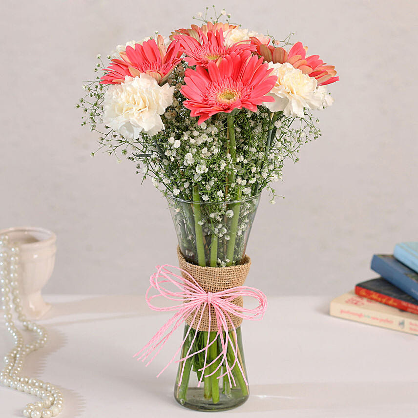 Gerberas White and Pink Carnations In Glass Vase