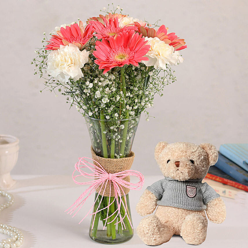 Gerberas White Carnations In Glass Vase with Teddy Bear