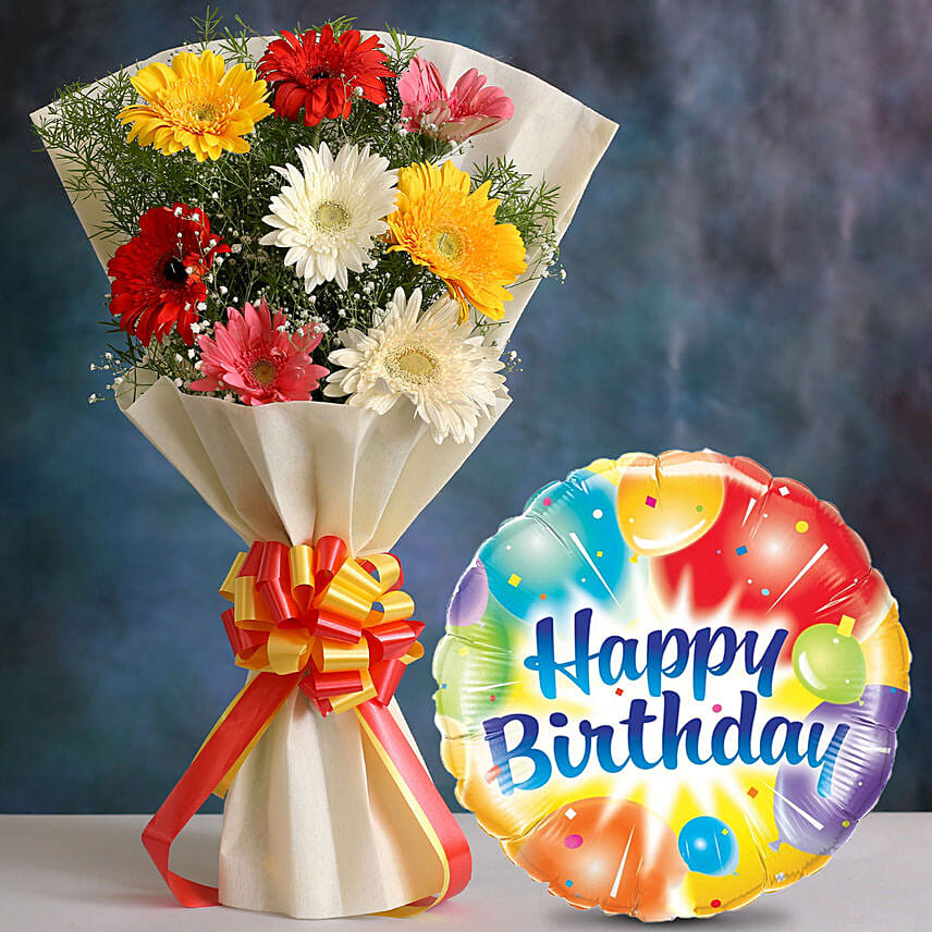 Mixed Brilliance Gerbera Blossoms with Birthday Balloon