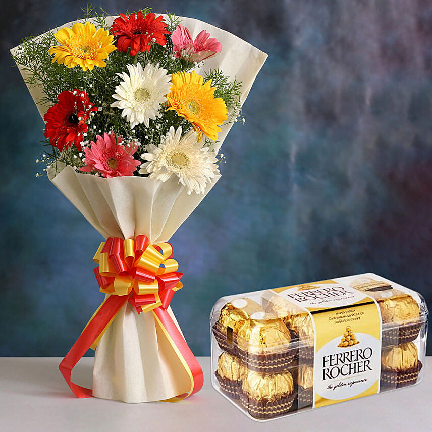 Mixed Brilliance Gerbera Blossoms with Ferrero Rocher