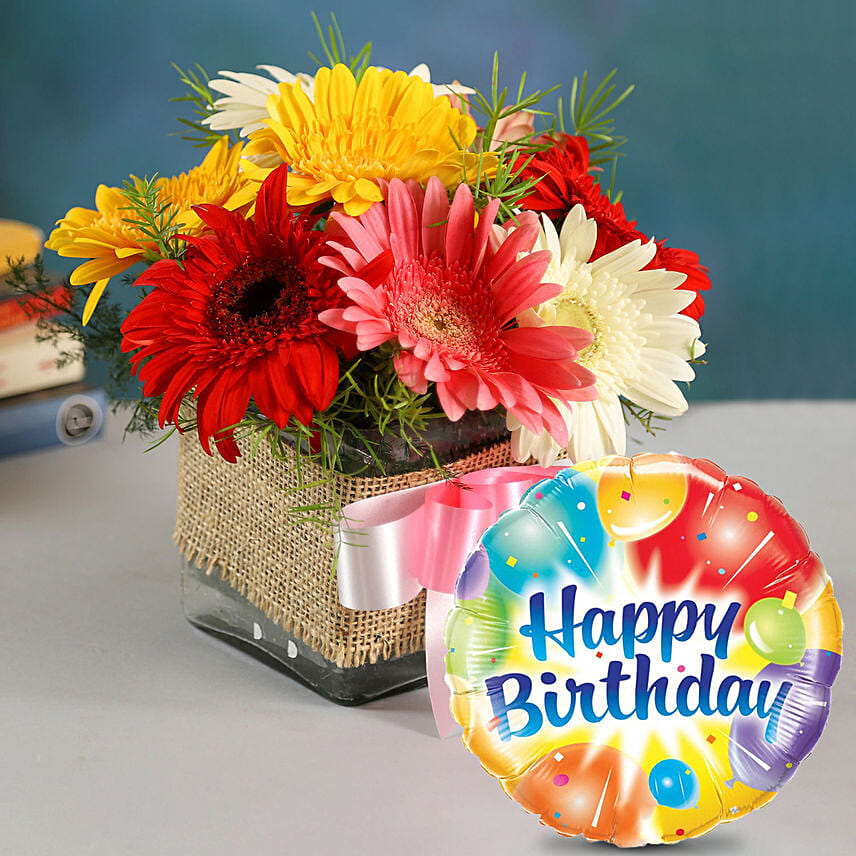 Petite Mixed Gerbera Floral Vase with Birthday Balloon