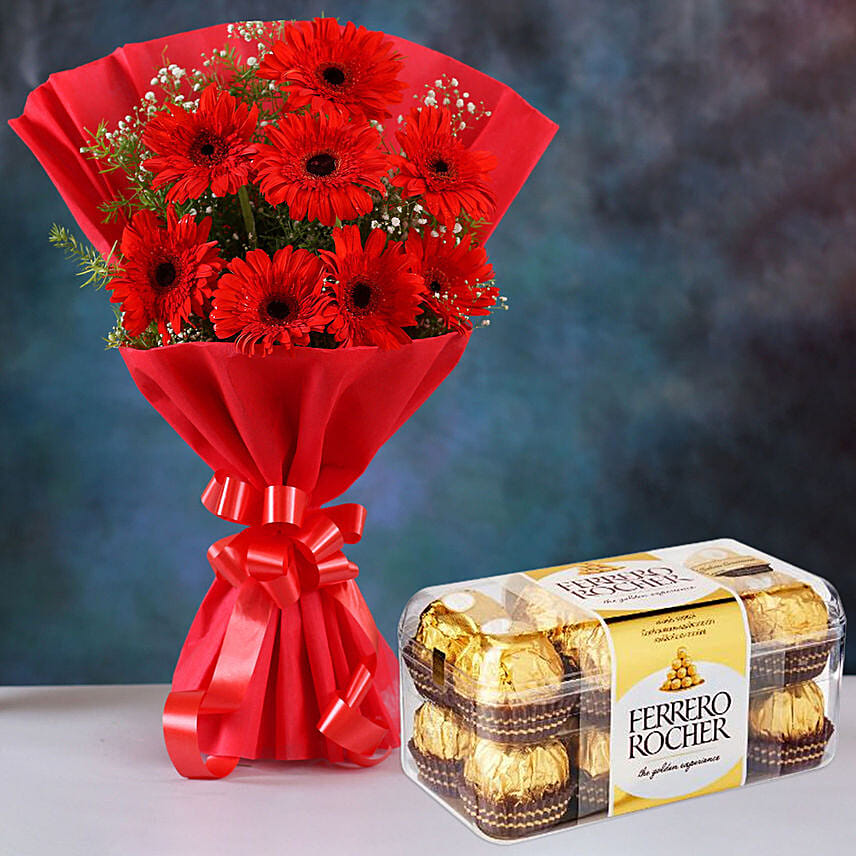 Red Elegance Gerbera Blossoms with Ferrero Rocher