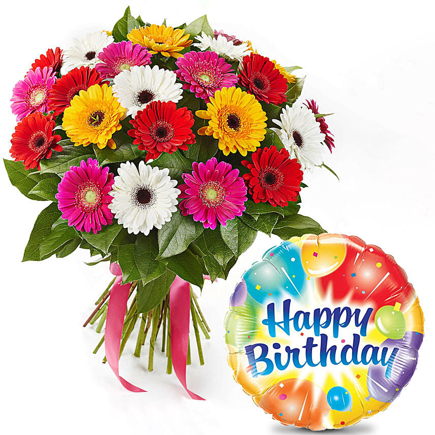 Summery Gerbera Blooming Bouquet with Birthday Balloon