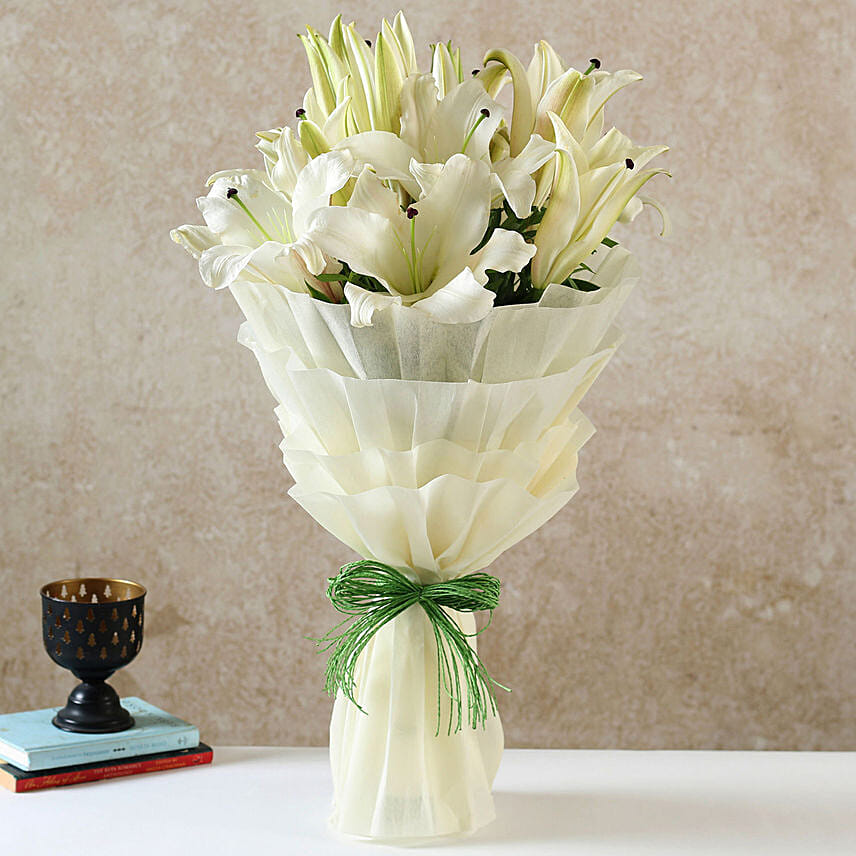 5 Serene White Oriental Lilies Bouquet