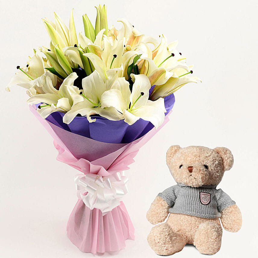 Lovely White Oriental Lilies Bouquet with Teddy Bear