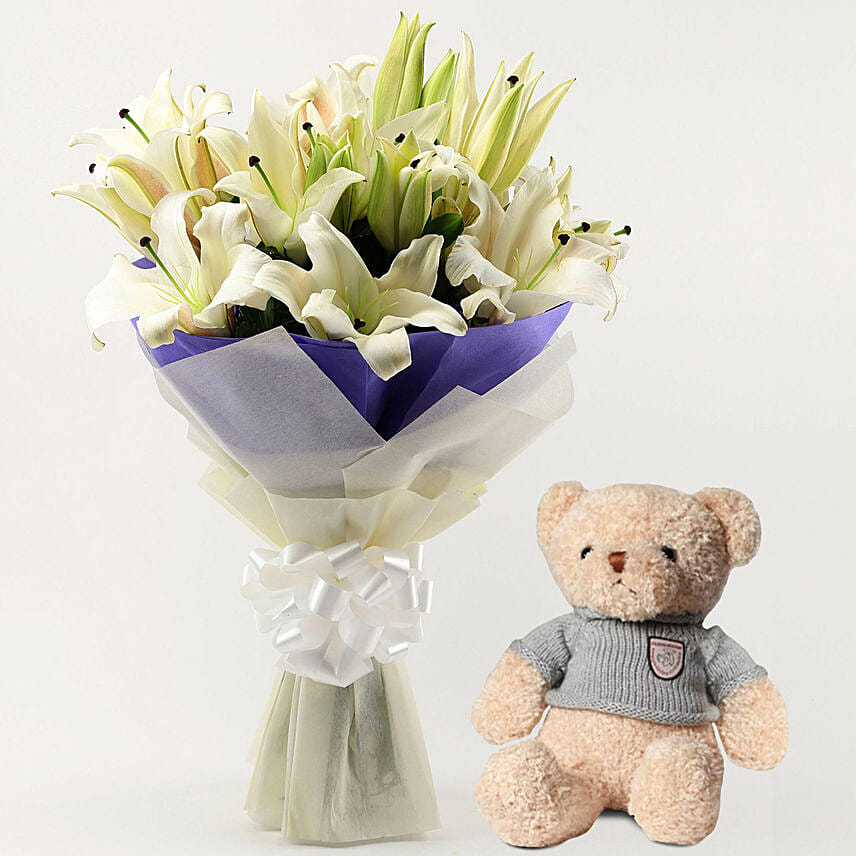 White Oriental Lilies Bouquet with Teddy Bear
