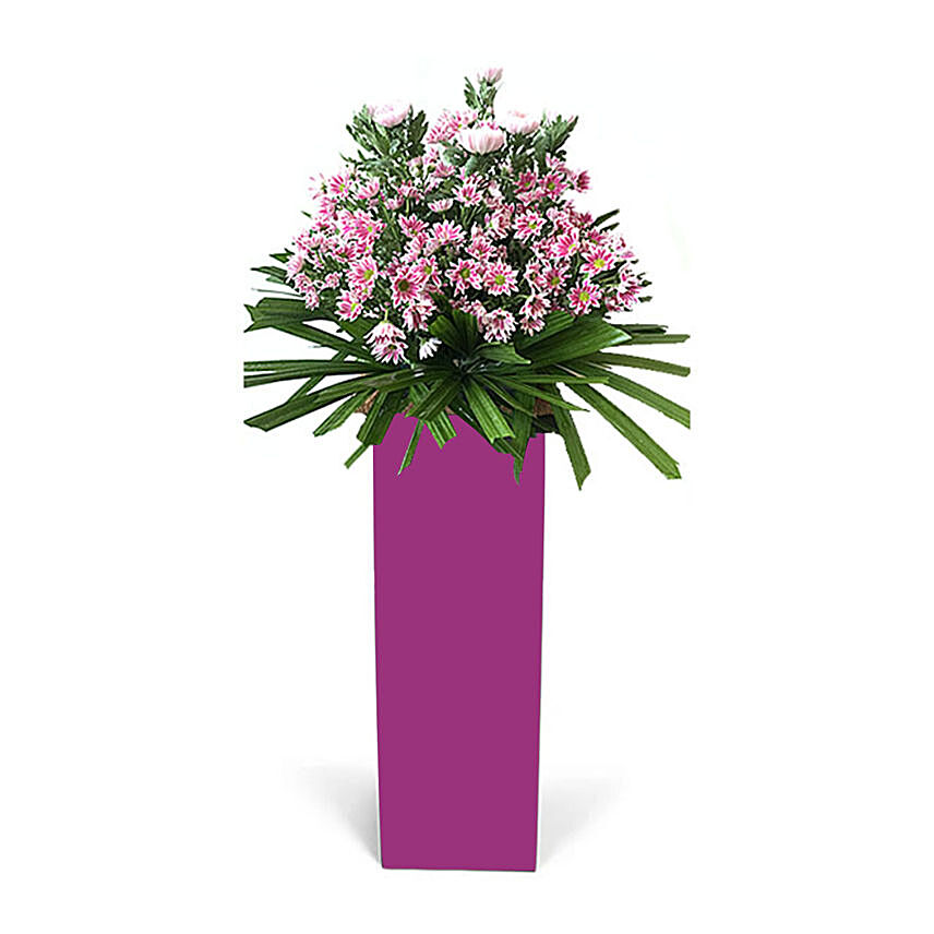 Lovely Pink Flowers Arrangement In Pink Stand