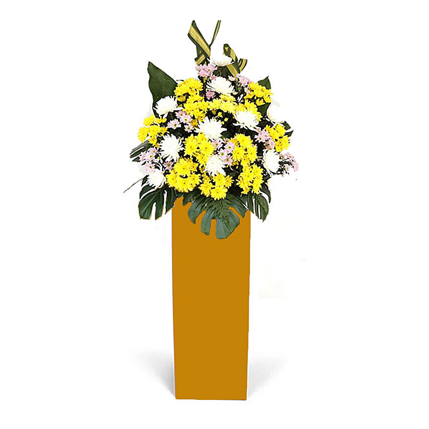 White Chrysanth Mixed Pom Arrangement With Stand
