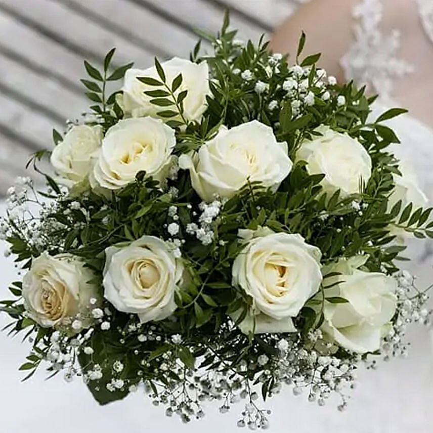 Blissful White Roses Bridal Bouquet