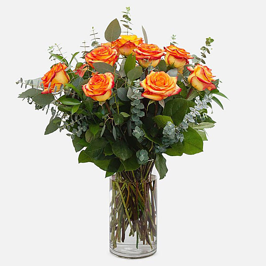 12 Orange Roses Glass Vase Arrangement