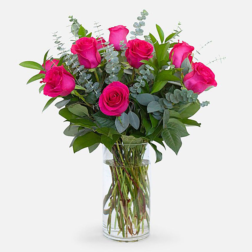 12 Pink Roses Glass Vase Arrangement