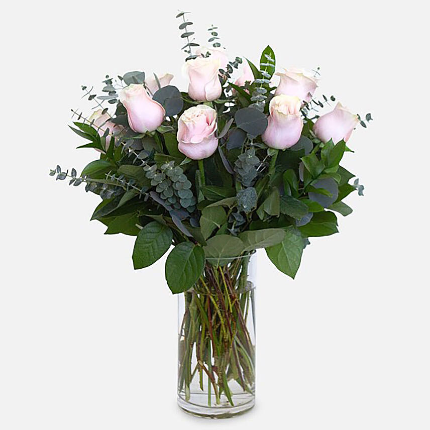 12 Soft Pink Roses Glass Vase Arrangement