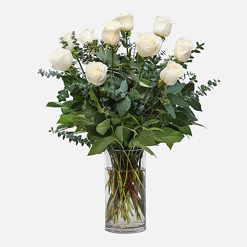 12 White Roses Glass Vase Arrangement