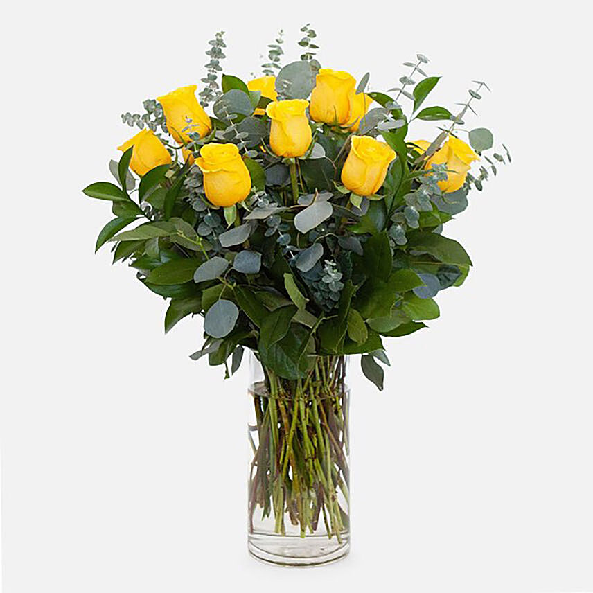 12 Yellow Roses Glass Vase Arrangement