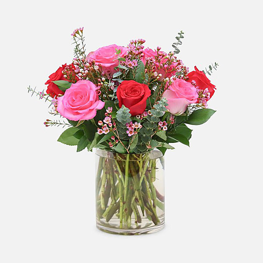 Red Pink Roses Cylindrical Vase Arrangement