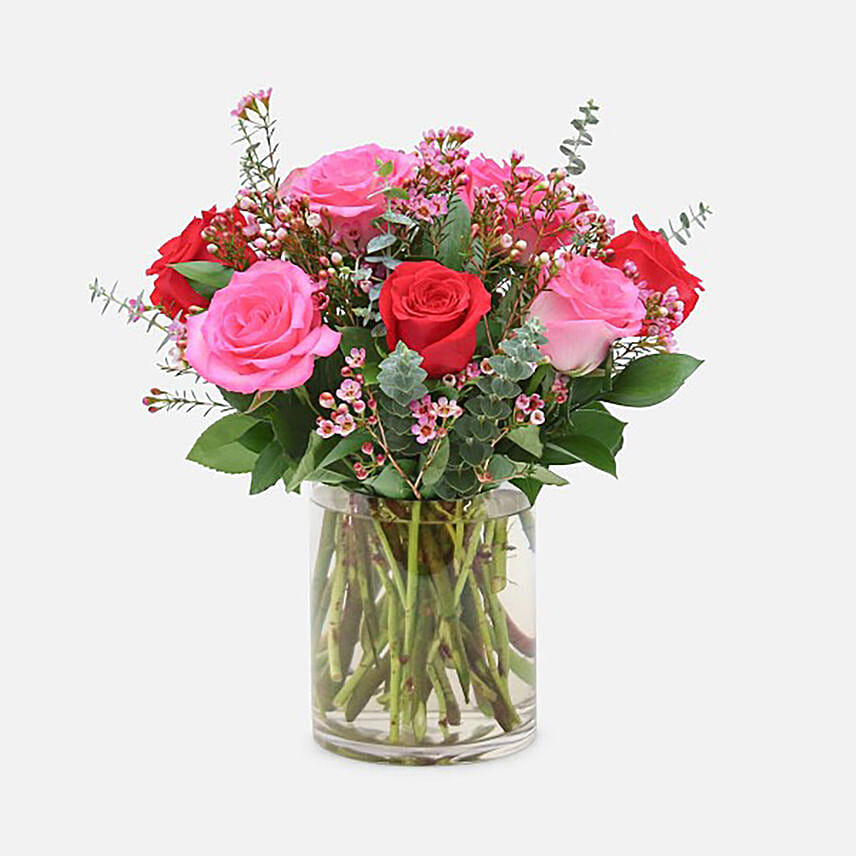 Red Pink Roses Cylindrical Vase Arrangement