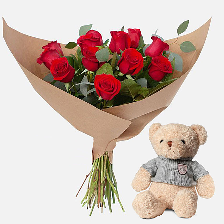 Romantic 12 Roses Bouquet with Teddy Bear Delivery in Singapore - FNP SG