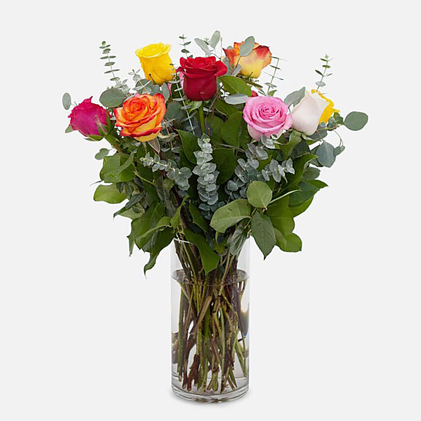 12 Mixed Roses Glass Vase Arrangement