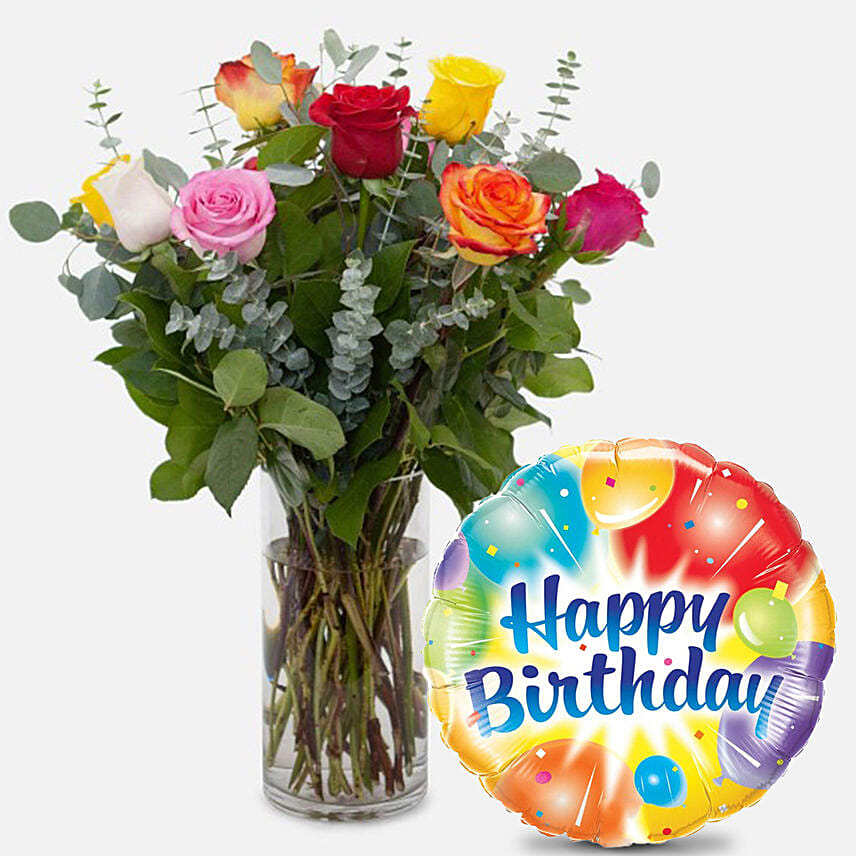 12 Mixed Roses Glass Vase Arrangement with Birthday Balloon Delivery in ...