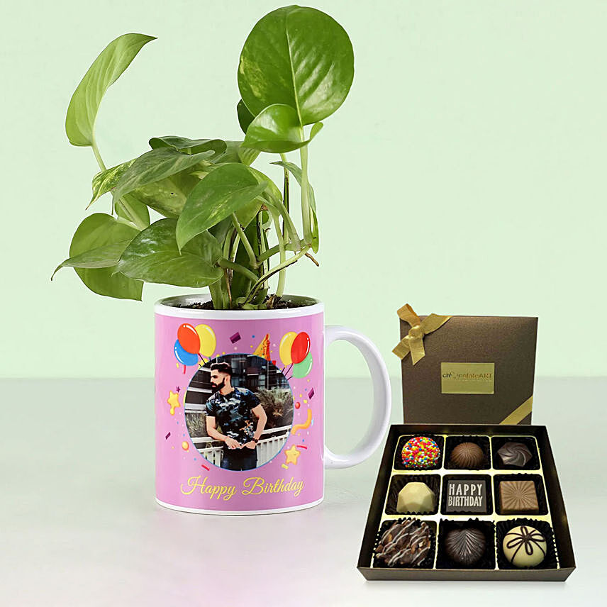 Personalised Mug Money Plant with Happy Birthday Chocolate