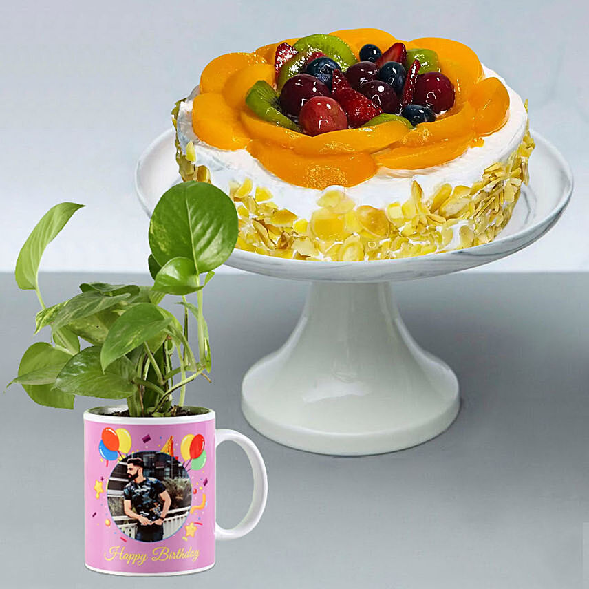 Fruit Cake with Personalised Mug Money Plant