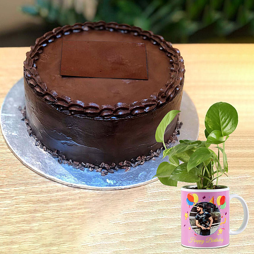 Ganache Cake with Personalised Mug Money Plant