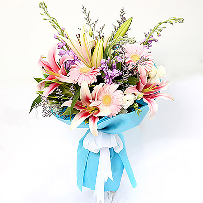 Attractive Gerberas And Lavender Flower Bouquet