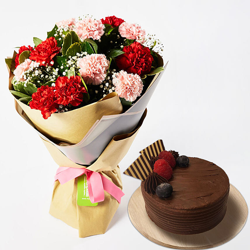 Appealing Mixed Carnations Bouquet With Chocolate Cake