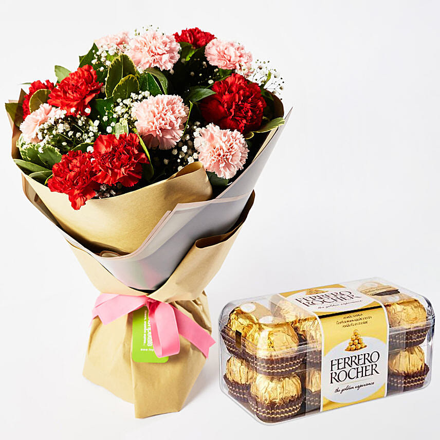 Appealing Mixed Carnations Bouquet With Ferrero Rocher