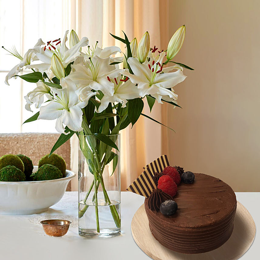 Happiness With Lilies Arrangement And Chocolate Cake