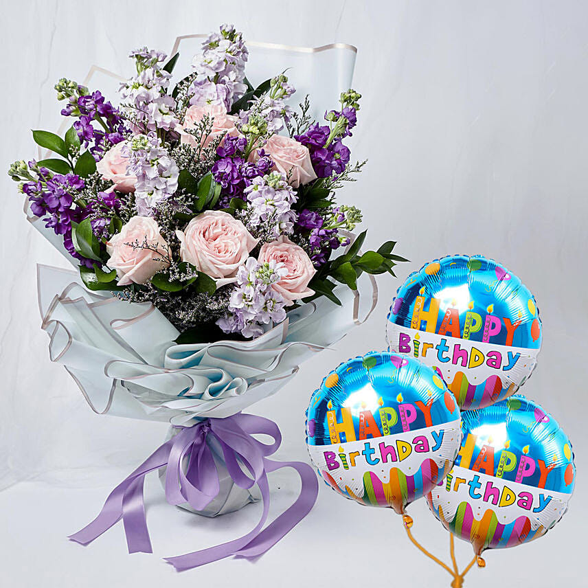 Elegant Mixed Flowers Wrapped Bouquet With Balloons