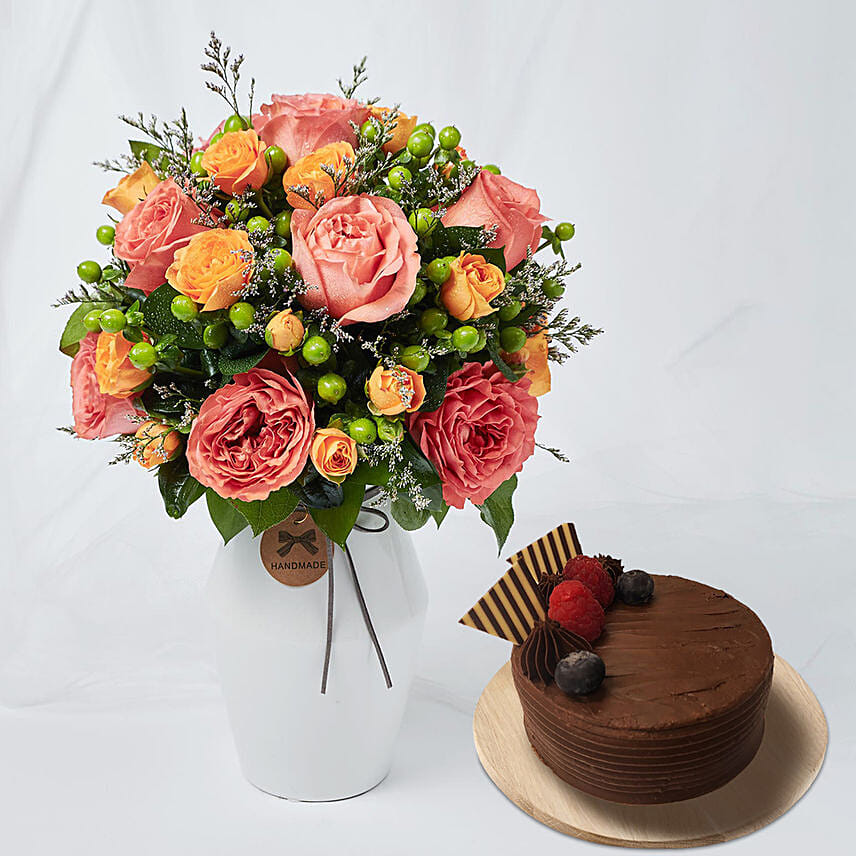 Exotic Flowers Ceramic Vase Arrangement With Cake