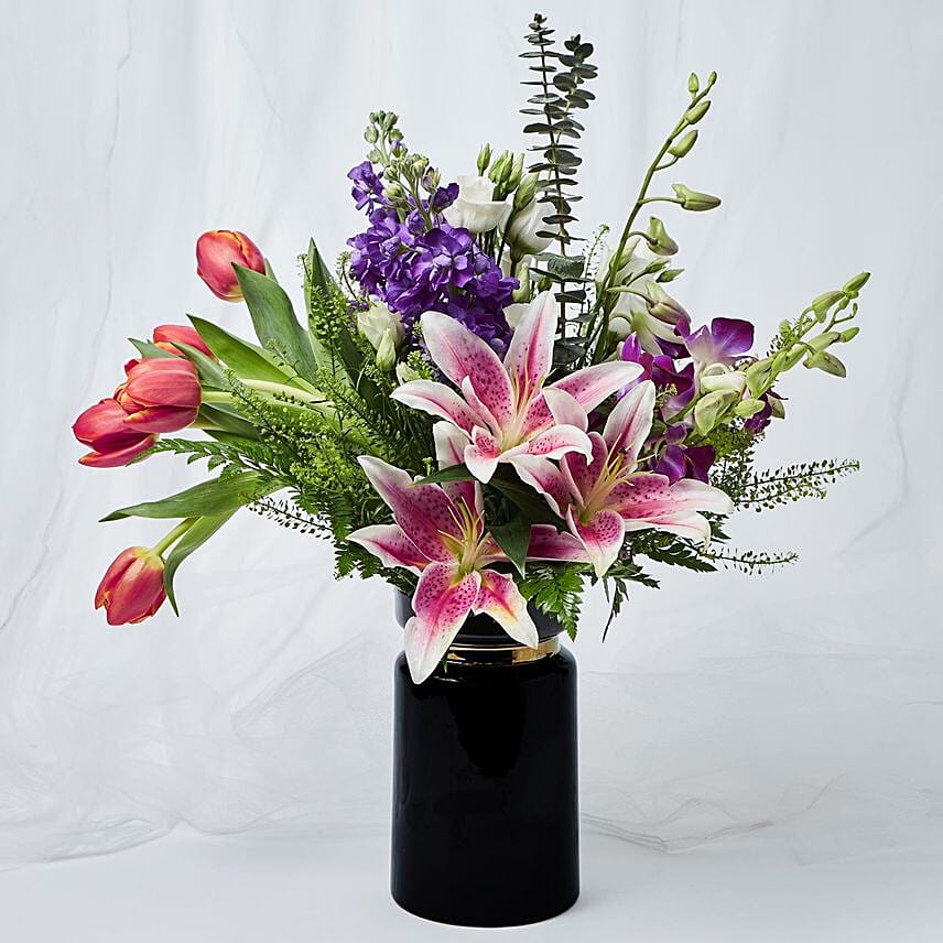 Exquisite Mixed Flowers Black Vase Arrangement