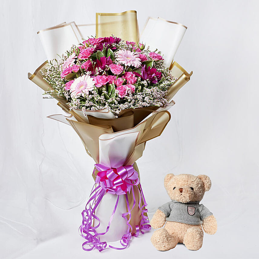 Online Heavenly Mixed Flowers With Teddy Bear Gift Delivery in SGP - FNP