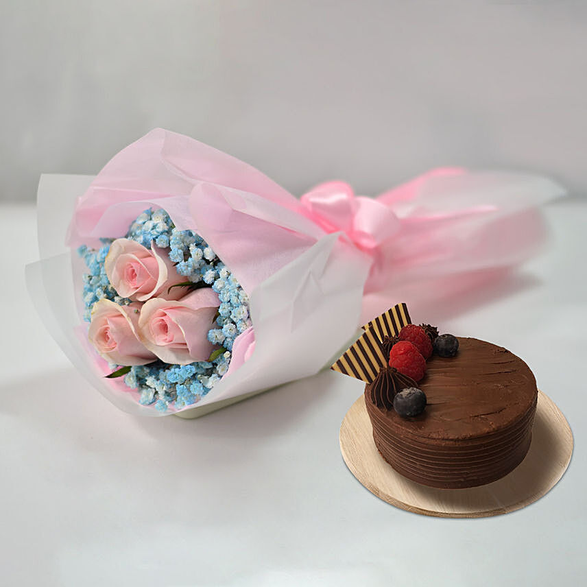 Lovely Pink Rose Baby Breath Bouquet With Cake