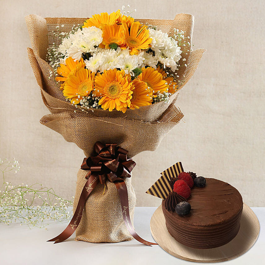 Lovely Yellow White Flowers Jute Bouquet With Cake