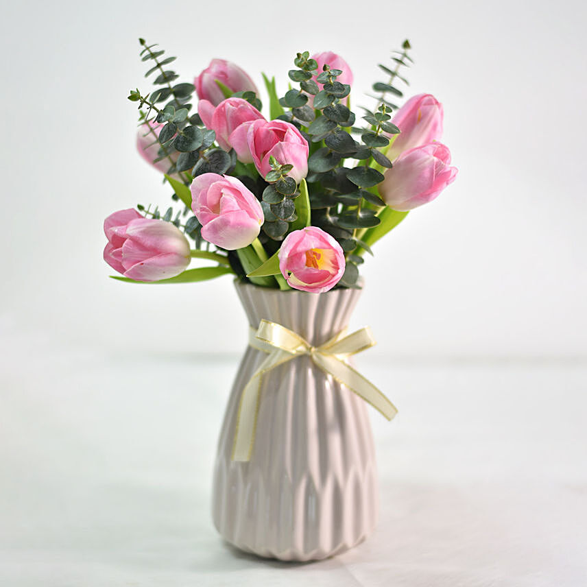Mesmerising Pink Tulips In Ceramic Vase